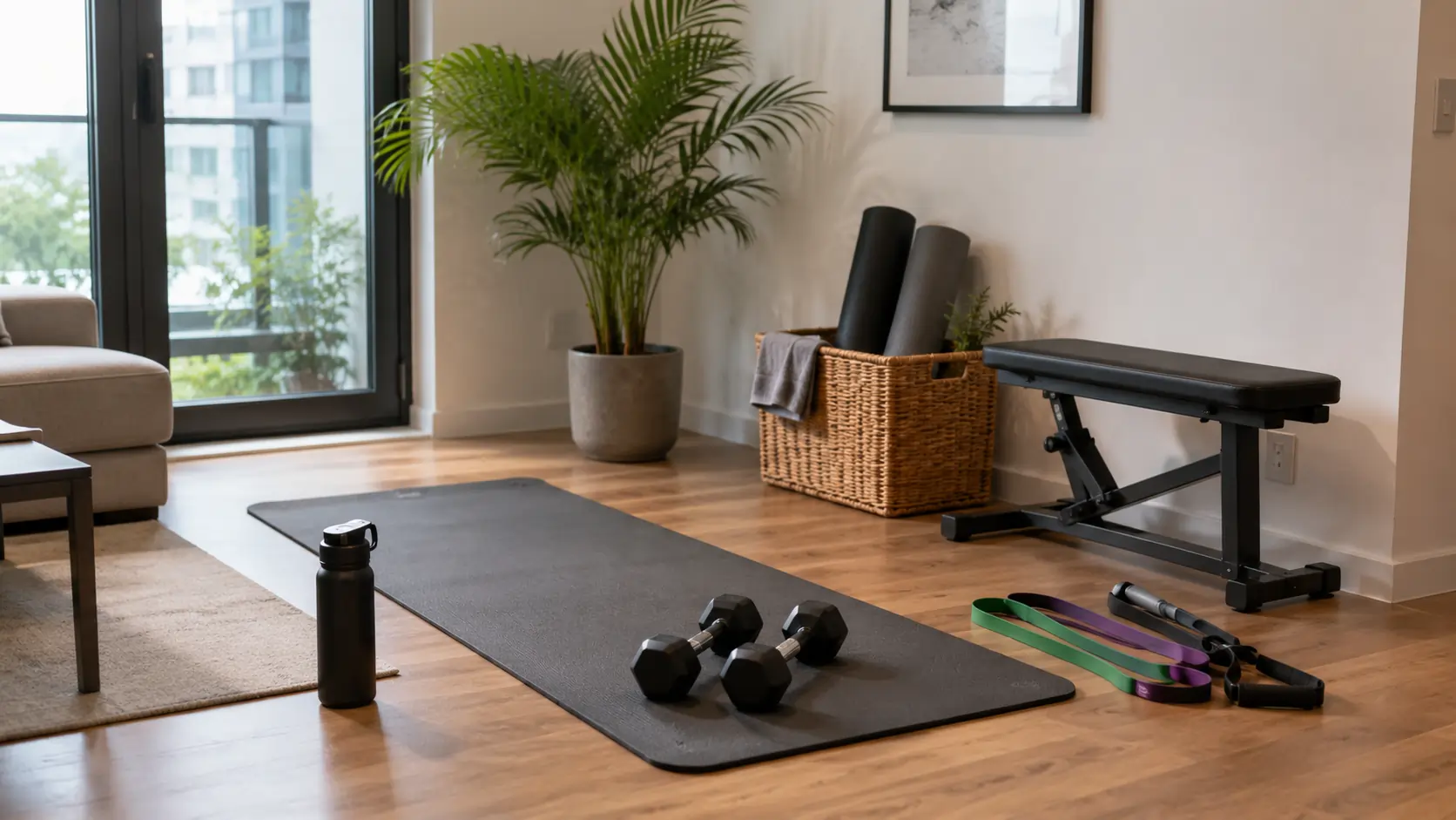 équipement fitness maison avec tapis haltères et élastiques